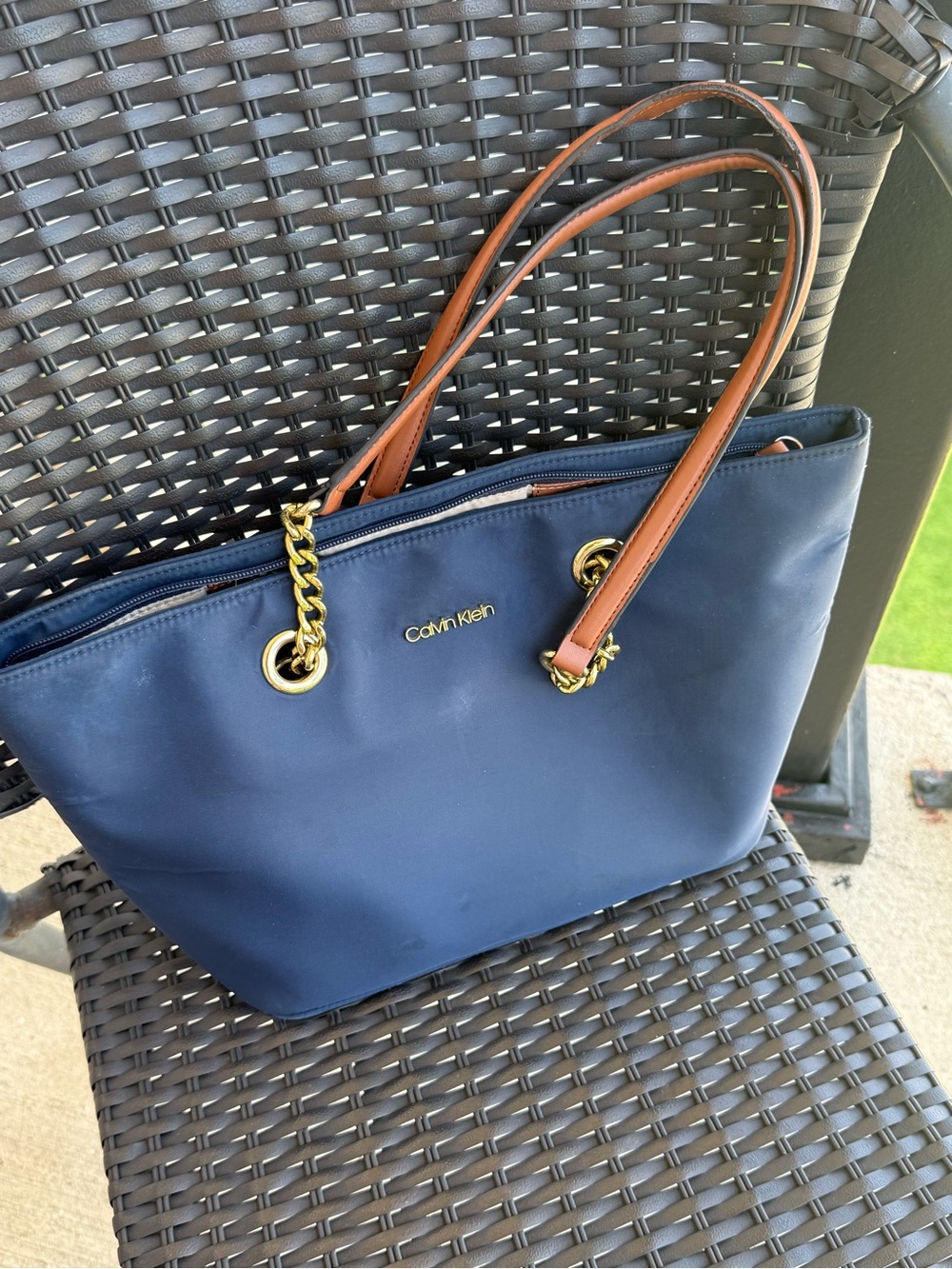 Calvin Klein Navy Tote with Brown Handles and Gold Hardware
